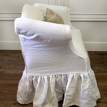 Custom Linen Slip Covered Vintage Petite Sofa in Toile