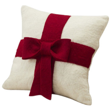 Red Bow on Cream - Christmas Pillow Cover in Hand Felted Wool, 14", Pillow Cover