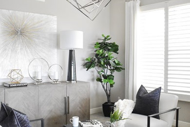Inspiration for a contemporary open concept ceramic tile and gray floor family room remodel in Orange County