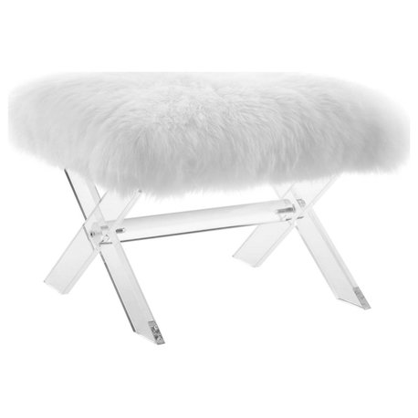 Swift Bench - Luxurious White Sheepskin Upholstery Clear Acrylic Base - Enhance