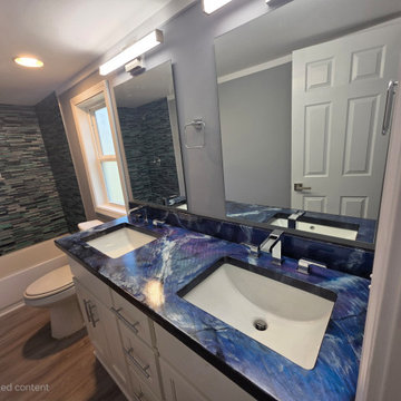 Bathroom with Custom Made Epoxy Blue Marble Look Double Vanity