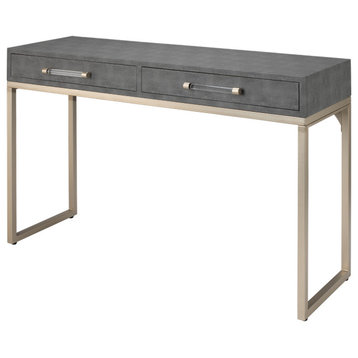 Elegant Faux Shagreen Console Table 2 Drawers Gray Champagne Brass Vintage Style