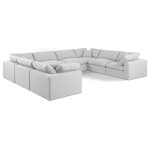 Meridian Furniture - Comfy Upholstered U-Shaped Modular Sectional, White, 8-Piece: 4 Armless Chair, 4 Corner Chair, Linen Textured Fabric - Give your space a whole new look with this white Comfy linen textured fabric sectional. This handsome sectional fits nicely with other items in the Comfy collection and is a versatile seating option designed for adaptability, comfort and style. Wrapped in rich white durable linen textured fabric upholstery, this sectional offers a plush embrace of overstuffed down feather cushions, carefully crafted to deliver the highest level of comfort. The perfect seat for creating an oasis for relaxation, this sectional has thick foam surrounding its frame for added support and coziness.