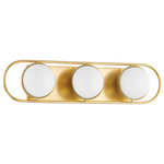 Mitzi - 3 Light Bath Sconce, Aged Brass - Opal glass spheres are held gem-like within a Polished Nickel or Aged Brass setting, bringing a modern jewelry aesthetic to the bath or powder room. The two-, three-, and four-light options are displayed within an elegant metal racetrack frame and can be mounted vertically or horizontally making them perfect solo above a mirror or in pairs alongside it.