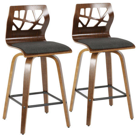 Folia Counter Stool, Set of 2, Walnut Wood, Charcoal, Black Metal