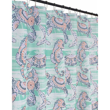 Aqua Green Coral Purple Navy White Fabric Shower Curtain: Sea Creatures Design