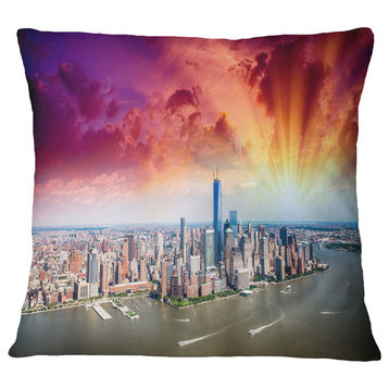 Colorful New York Skyline Aerial View Modern Cityscape Throw Pillow, 18"x18"