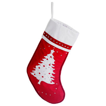 Embroidered Christmas Tree Stocking With Rhinestones, Red and White, 22"