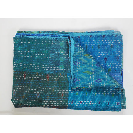 Hand Block Blue Kantha Throw Blanket