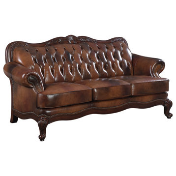 Elegant Sofa, Ornate Cabriole Legs, Grain Leather Seat & Tufted Back, Warm Brown