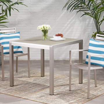 Hallie Outdoor Anodized Aluminum Dining Table With Tempered Glass Table Top, Tempered Glass