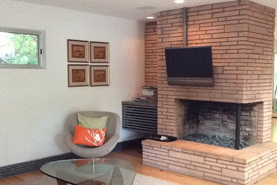 Example of a mid-century modern living room design in Boston