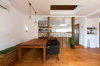 Photo of a scandinavian open plan dining in Other with white walls, medium hardwood floors and brown floor.