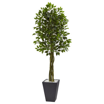 6.5' Ficus Artificial Tree with Slate Planter, UV Resistant, Indoor/Outdoor
