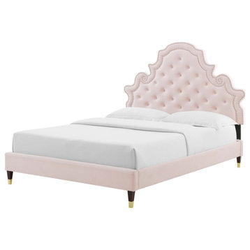 Tufted Platform Bed Frame, Full Size, Velvet, Pink, Modern Contemporary, Bedroom