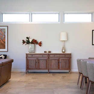 アデレードの広いコンテンポラリースタイルのLDKの画像 (グレーの壁、磁器タイルの床、暖炉なし、グレーの床)