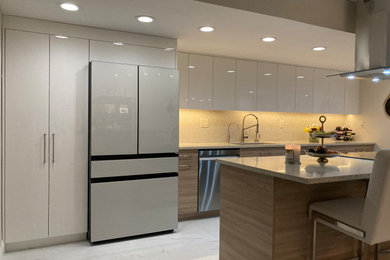 Mid-sized minimalist eat-in kitchen photo in Miami with flat-panel cabinets and an island