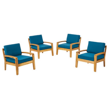 Monterey Outdoor Acacia Wood Club Chairs With Cushions, Set of 4, Teak Finish and Dark Teal