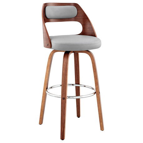 Julius Faux Leather and Wood Bar Stool, Gray and Walnut, 30"