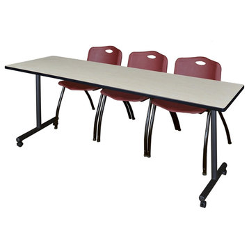 84" x 24" Kobe Mobile Training Table- Maple & 3 'M' Stack Chairs- Burgundy