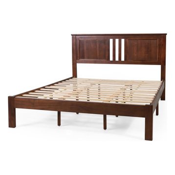 Amelie Modern Farmhouse Acacia Wood Queen Bed Platform, Dark Oak