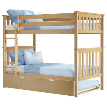 Twin Over Twin Bunk Bed With Trundle, Wooden Frame and Safety Guard Rails, Natural