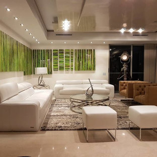 Idee per un grande soggiorno minimalista stile loft con sala formale, pavimento in travertino, pavimento beige, pareti bianche, nessun camino e nessuna TV