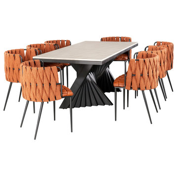 Waterfall Black Rectangle Marble Top Dining Table With 8 Chairs, Orange
