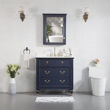 36 In Solid Wood Bathroom Vanity with Quartz Top and cUPC Certified Sink, Navy Blue