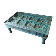 Consigned Antique Indian Blue Vintage Distressed Solid Wooden Rustic CoffeeTable