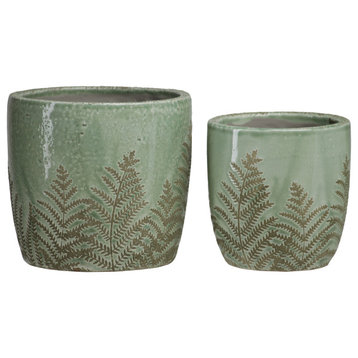 Round Ceramic Pot With Fern Leaf Design Body, Shiny Green, Set of 2