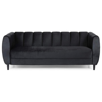 Modern Sofa, Velvet Upholstery With Channel Tufted Arms & Backrests, Black