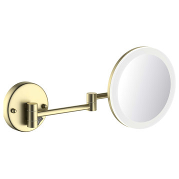 Circular LED Wall Mount One Side 5x Magnifying Make Up Mirror, Brushed Gold