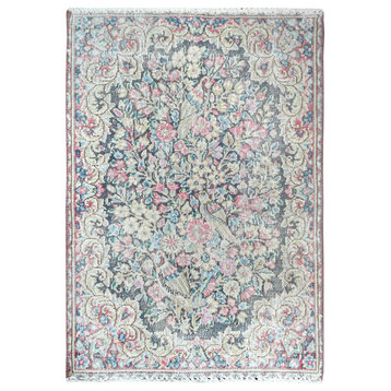 Colorful Worn Wool Hand Knotted Old Persian Kerman Distressed Look Rug 1'8"x2'4"