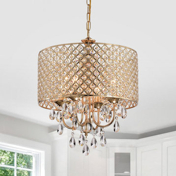 4-Light Gold Round Beaded Drum Chandelier With Hanging Crystals