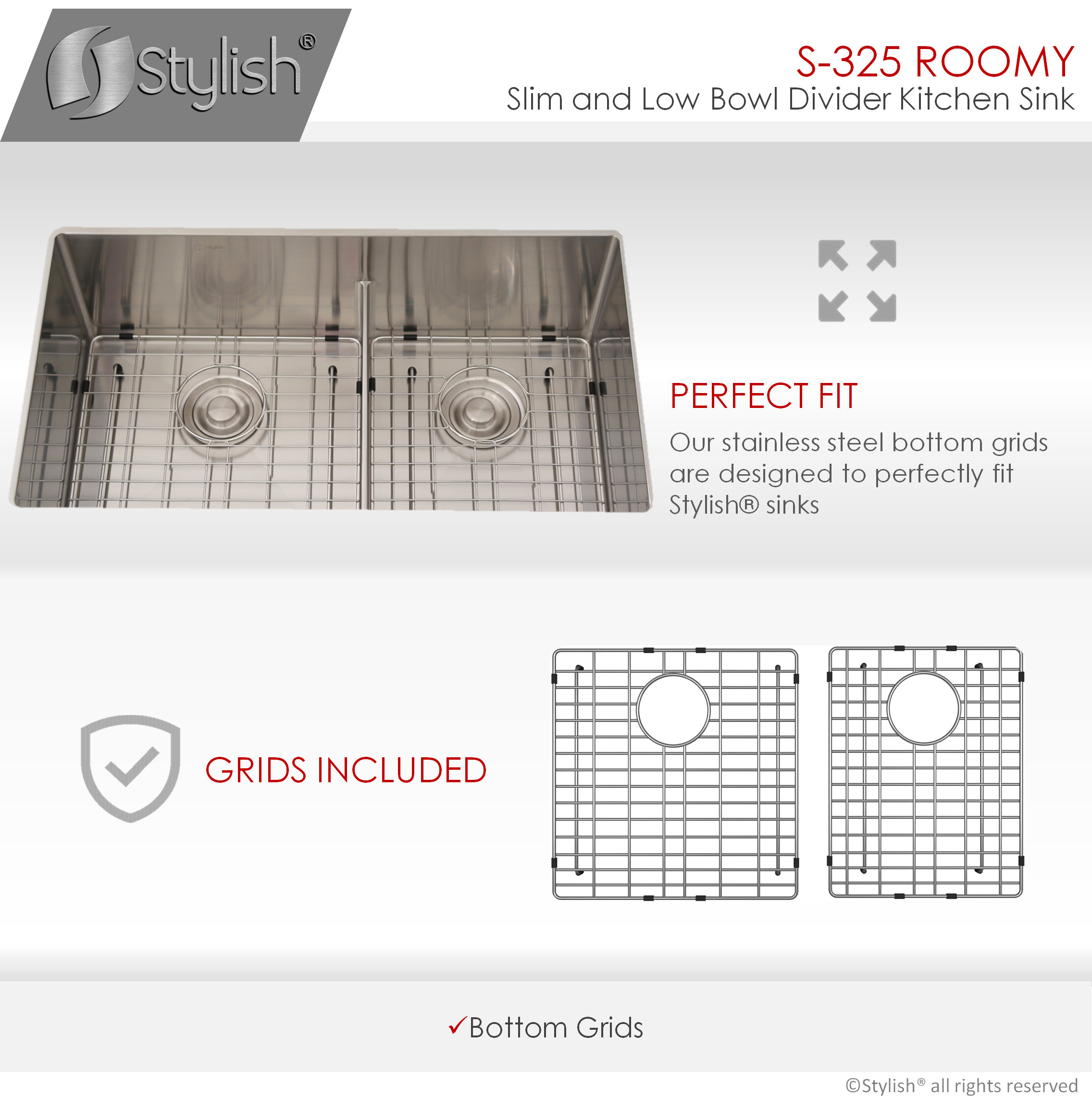 STYLISH 32" x 18" Stainless Steel Low Divider Undermount Kitchen Sink