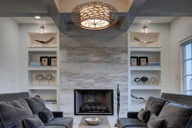 Transitional formal dark wood floor living room photo in Orlando with white walls, a standard fireplace, a stone fireplace and no tv