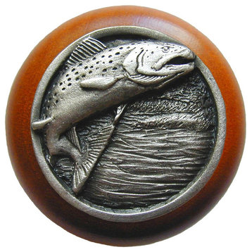 Leaping-Trout Cherry Wood Knob, Antique-Style Pewter