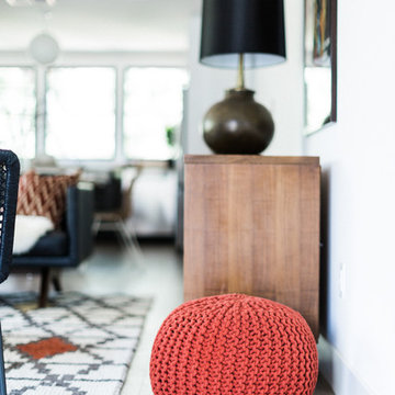 Vintage Brass Lamp with Black Lampshade and Red Orange Pouf
