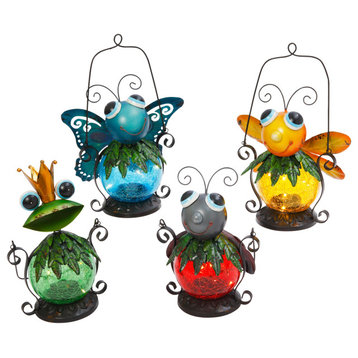 Assorted 13-inch High Metal and Glass Solar Garden Critter Lanterns, Set of 4