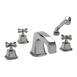 Harrison Cross Knob Deck Mount Tub Set with Cylindrical Hand Shower - Bathtub Faucets