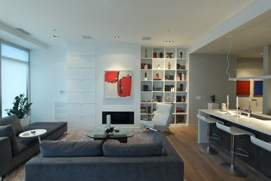 Inspiration for a mid-sized modern open concept light wood floor living room remodel in Chicago with white walls, a standard fireplace, a plaster fireplace and a concealed tv