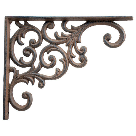 Wall Shelf Bracket, Ornate Vine Pattern, Brown Cast Iron, 9.375" Deep
