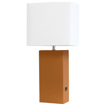 Elegant Designs Modern Leather Table Lamp with USB and White Fabric Shade, Tan