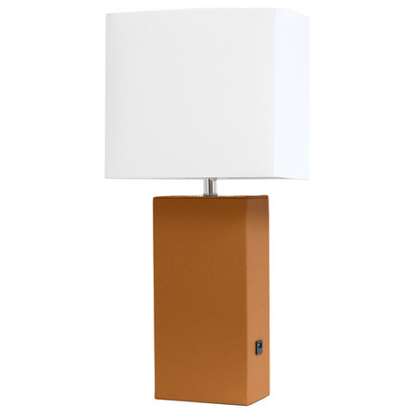 Elegant Designs Modern Leather Table Lamp with USB and White Fabric Shade, Tan