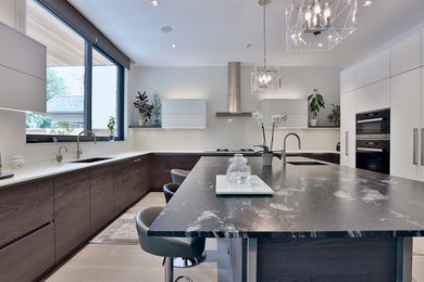Large trendy u-shaped porcelain tile and beige floor kitchen pantry photo in Toronto with a single-bowl sink, flat-panel cabinets, medium tone wood cabinets, quartzite countertops, white backsplash, glass sheet backsplash, paneled appliances and an island