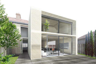 Modelo de fachada actual de tamaño medio de dos plantas con revestimiento de madera y tejado plano