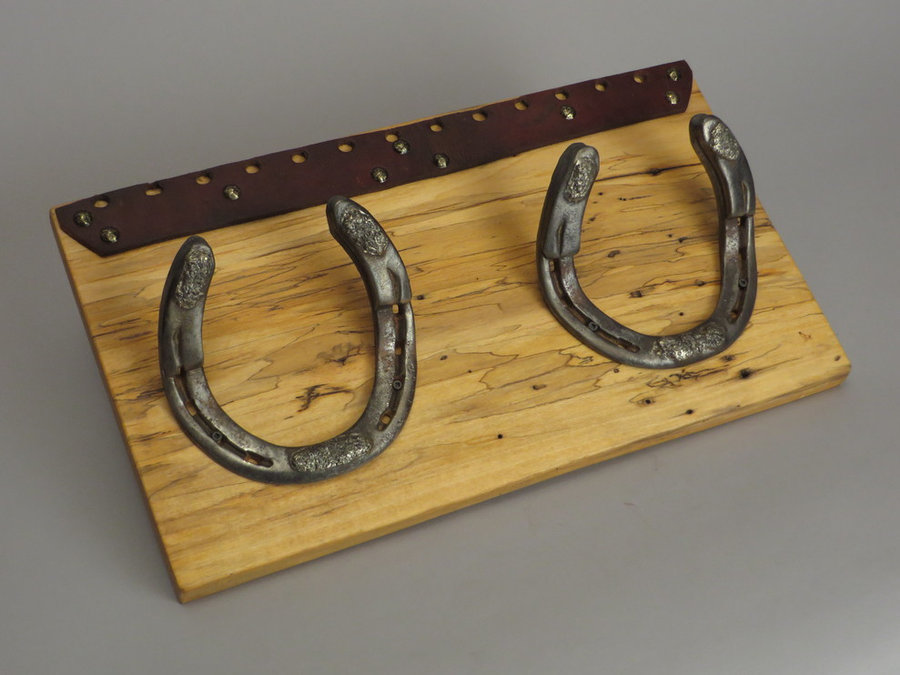 #R15002 Coat Rack. Reclaimed Box Elder, horseshoes, leather.