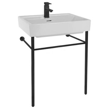 Rectangular White Ceramic Console Sink and Matte Black Stand, Three Hole
