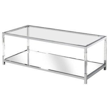 Contemporary Coffee Table, Acrylic Support With Glass Top, Mirrored Lower Shelf